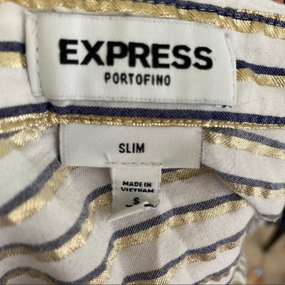 Express The Portofino Shirt Gold White Blue Striped Women's Sz Slim Small - Picture 8 of 9